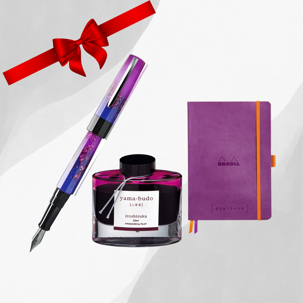 Gift set and Gift Combo :  Benu fountain pen Love story + Pilot Yama budo Ink + Rhodia Goal Softcover Notebook -Purple