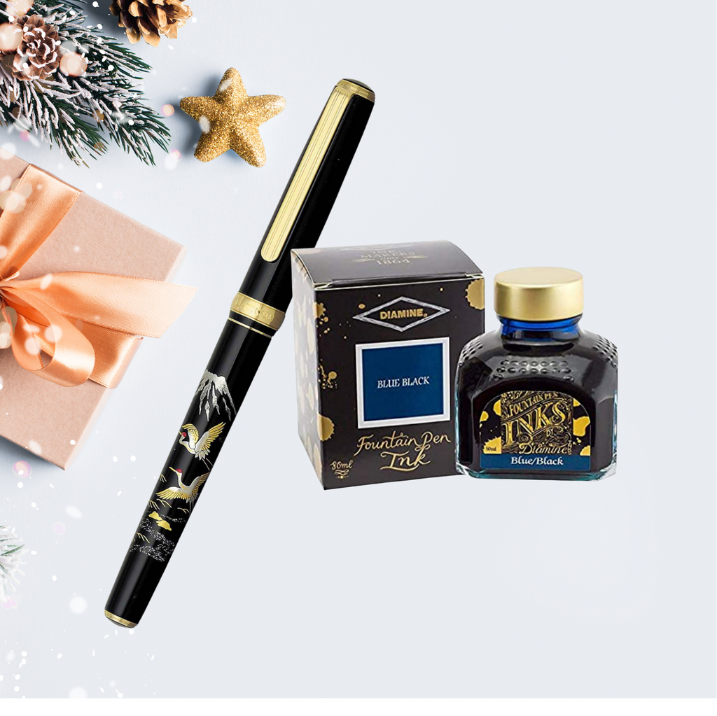 Gift set and Gift Combo : Platinum Modern Maki-e "Crane & Mt. Fuji+DIAMINE 80 ml Bottle Fountain Pen Ink, Blue-Black