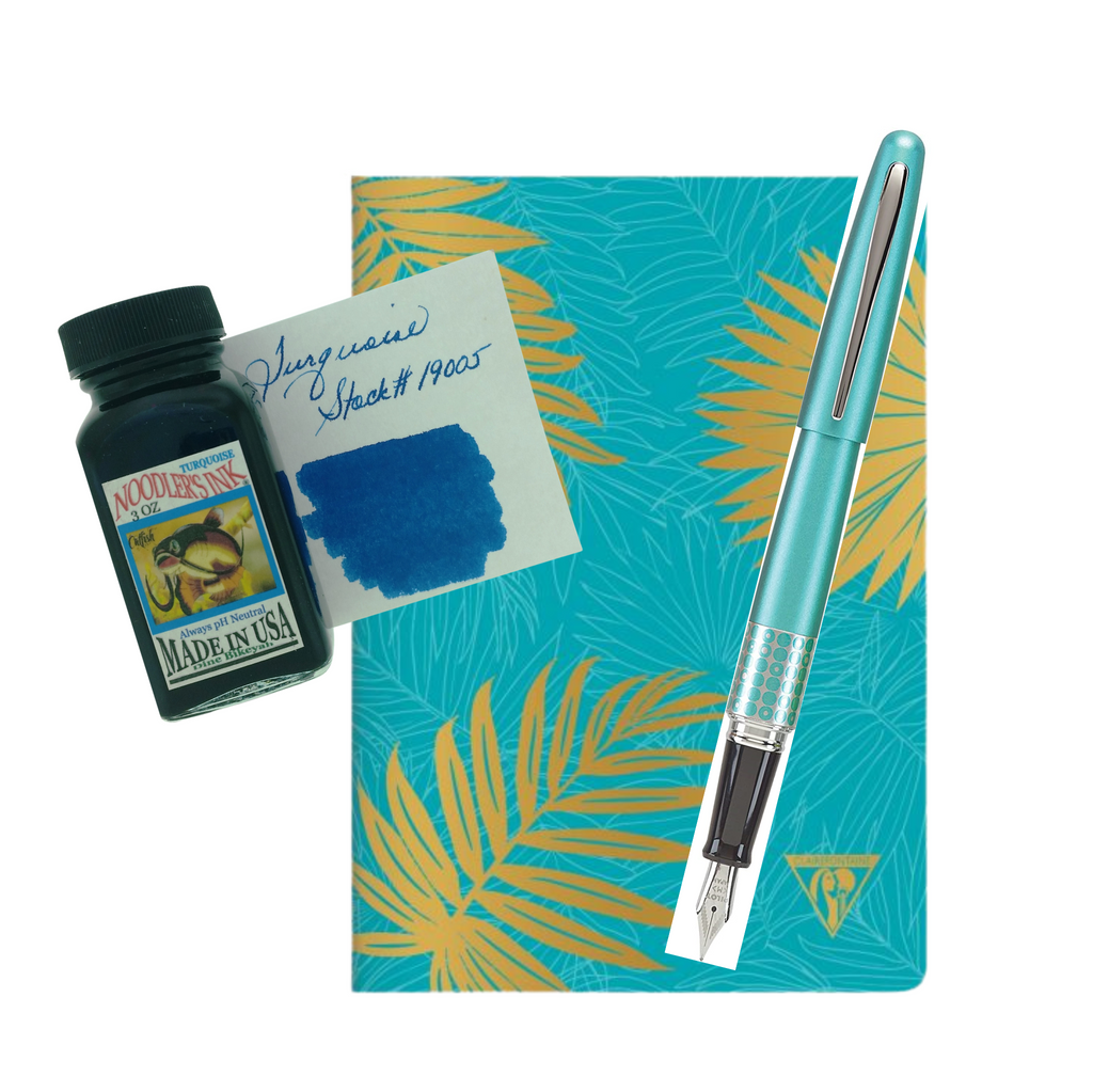 Gift set and Gift Combo : Pilot Metropolitan Retro  Turquoise Fountain Pen+ Noodler's Turquoise Ink _Clairefountain Notebook